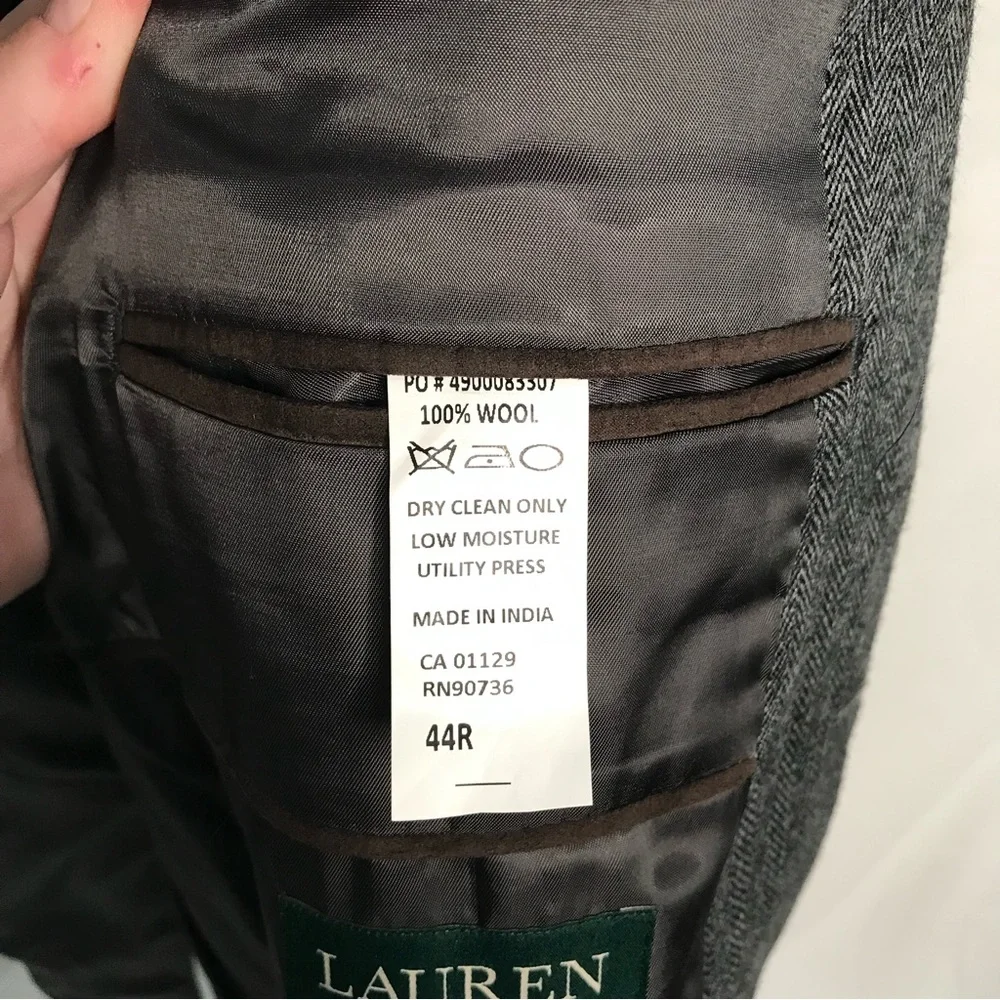 Ralph Lauren Mens Blazer 44R 100%‎ Wool Charcoal Gray Herringbone Macy's Store
